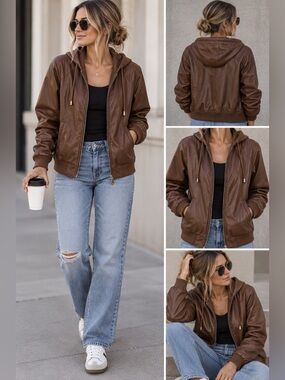 Warehouse One Faux Leather Brown Hooded Bomber Jacket Moto XL/XXL Plus Size‎